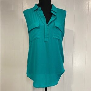 LOFT Blouse Sleeveless Pockets Polka Dot Mixed Media Teal Size Large